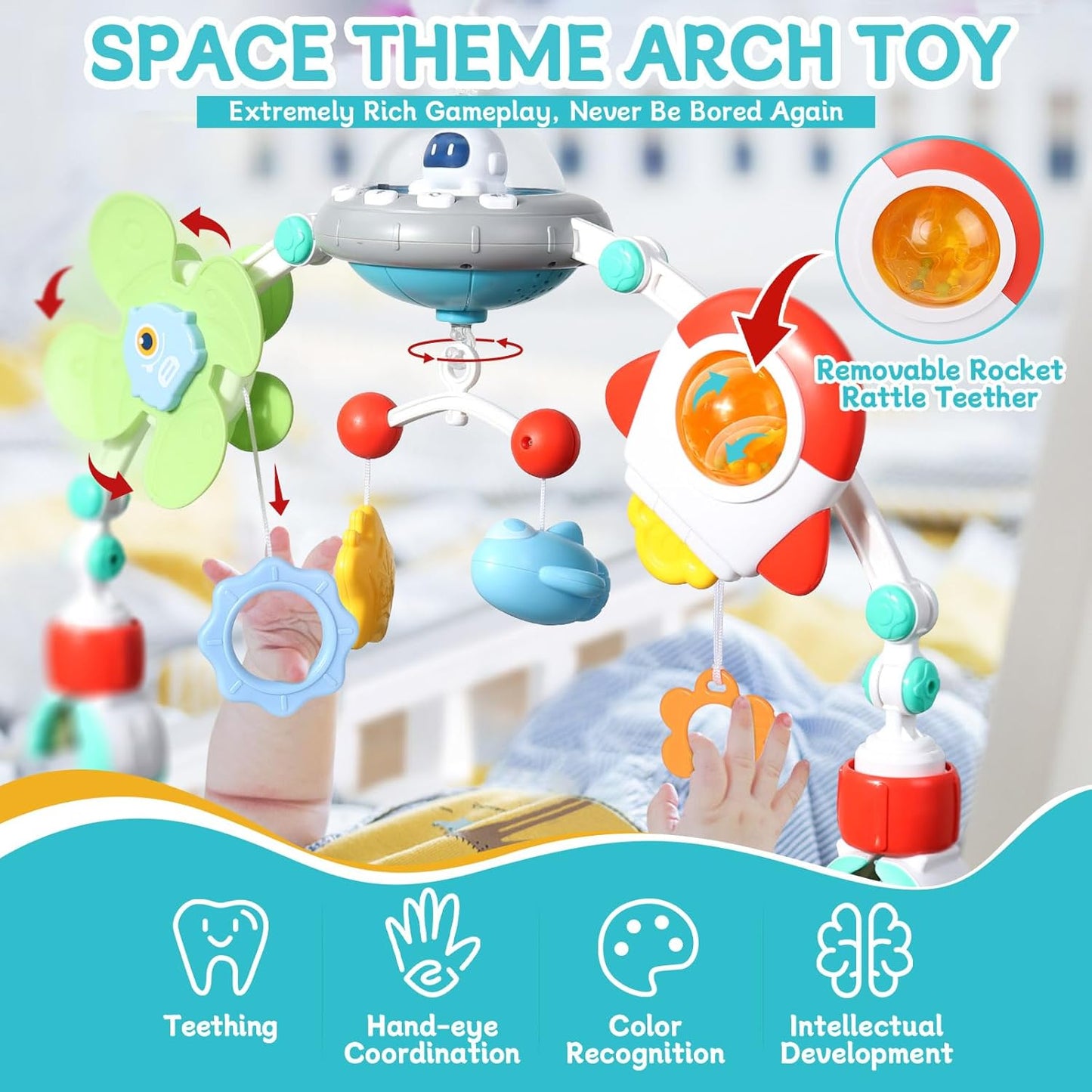 Orzbow Stroller Arch Toy for Baby, Musical Carseat Toys Hanging with Teething, Baby Mobile for Crib Bassinet Car Seat and Bouncer, Car Seat Activity Toy for Babies 0-12 Months