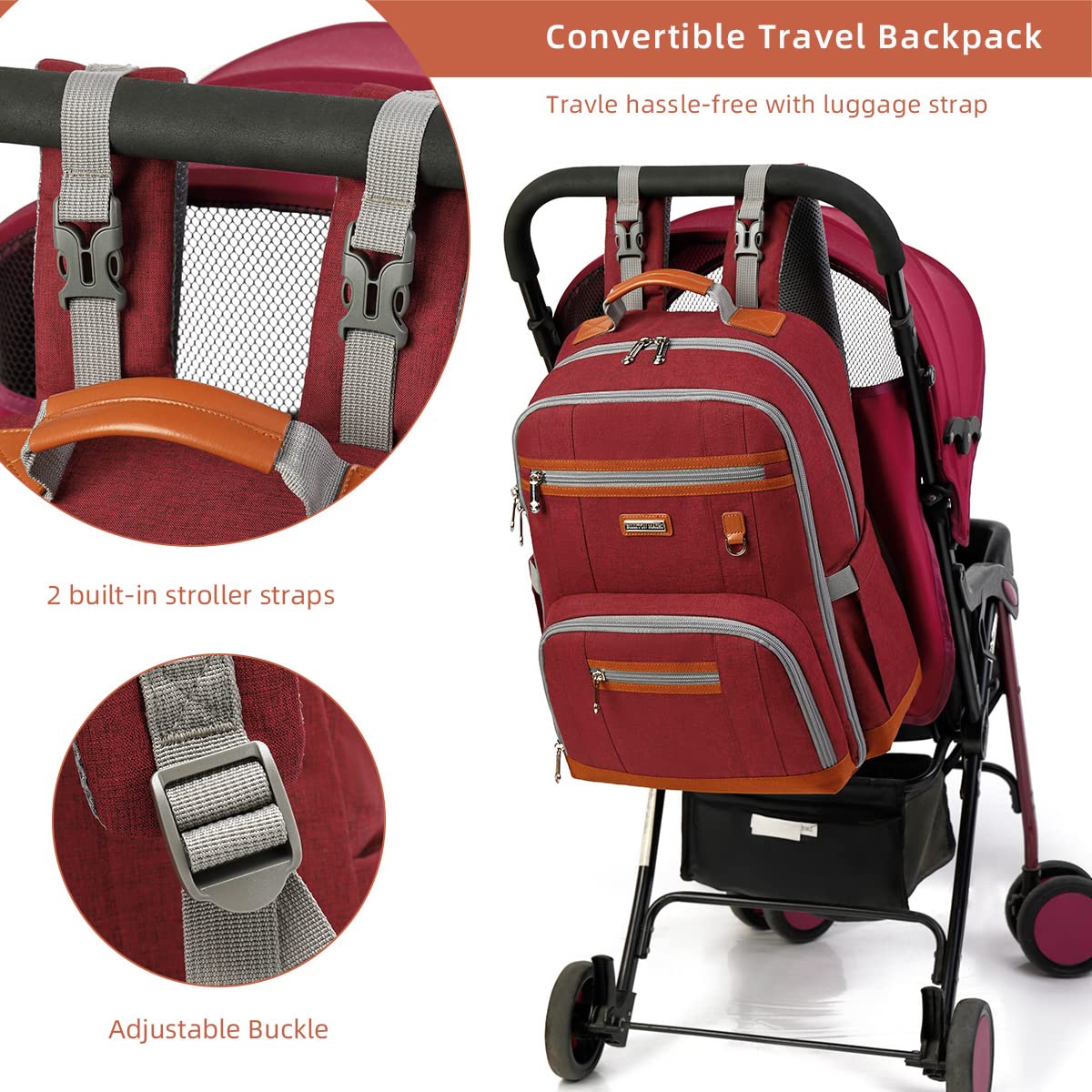 Diaper Bag Backpack, Large Baby Nappy Bags with Portable Changing Pad for Boys and GirlsMultifunction Travel Baby Bag for Moms Dads, Shower Gifts Waterproof and Stylish，Red