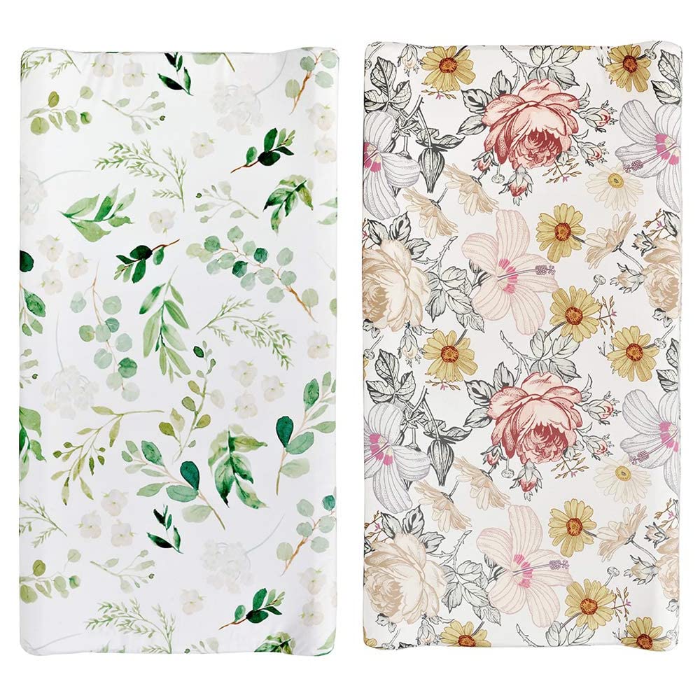 Stretchy Changing Pad Cover – Ultra Soft Diaper Changing Pad Table Sheets for Girls Boys Pure Cotton Safe and Snug Cradle Sheets Machine Washable Fit 32"/34'' x 16"Pad (Green Leaf + Flower)…