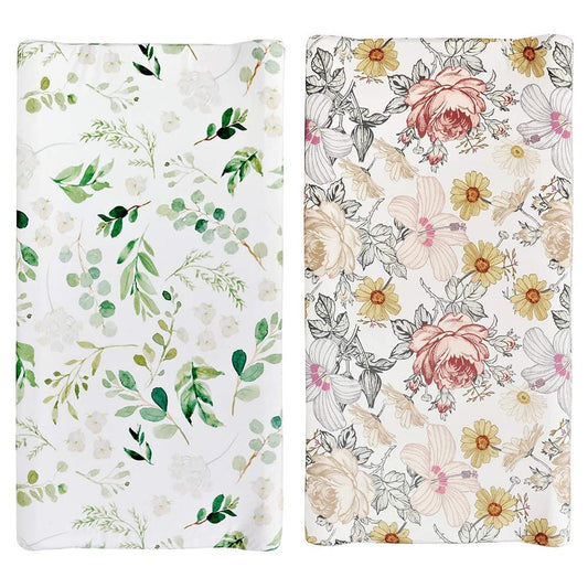 Stretchy Changing Pad Cover – Ultra Soft Diaper Changing Pad Table Sheets for Girls Boys Pure Cotton Safe and Snug Cradle Sheets Machine Washable Fit 32"/34'' x 16"Pad (Green Leaf + Flower)…