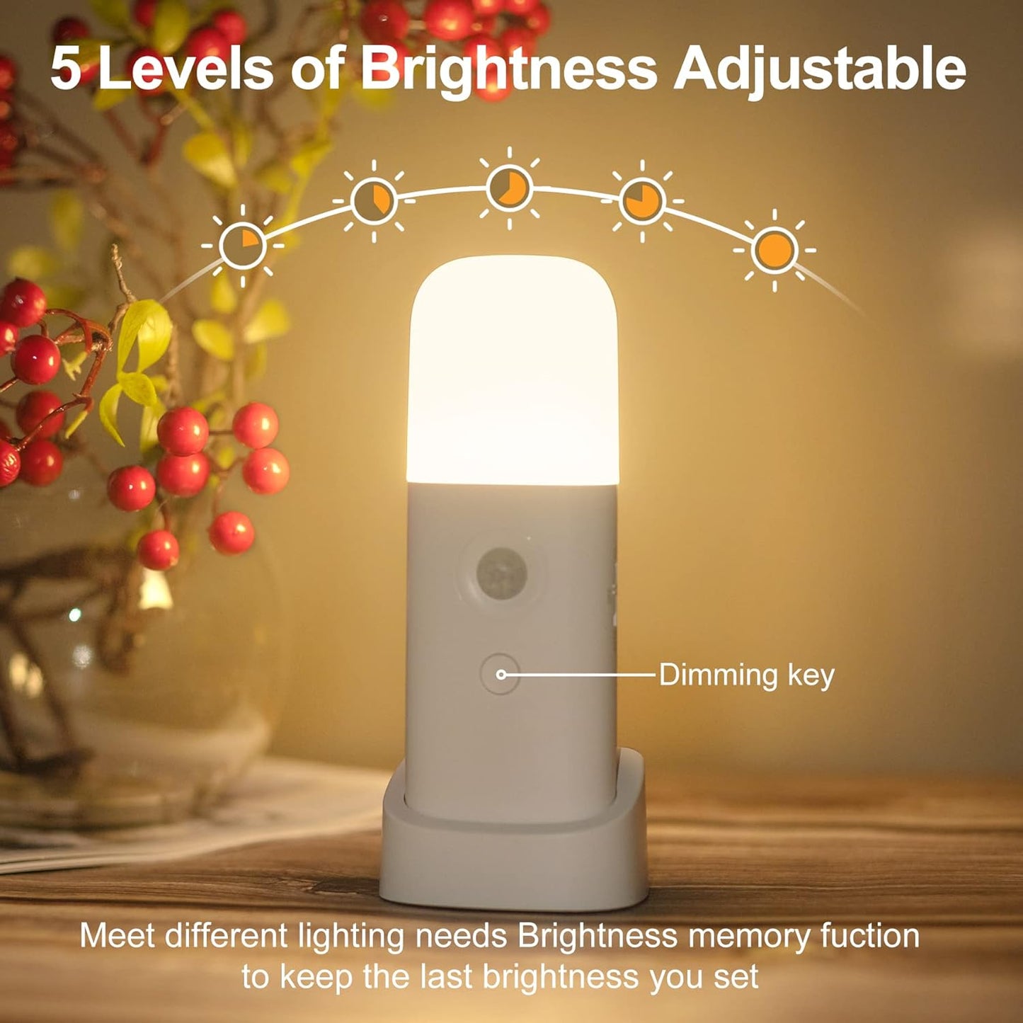 YELKO Motion Sensor Night Light, 2000mAh Rechargeable Night Lights Battery Powered, PortableＤimmable Nightlights with 5 Brightness Levels for Kids,Adults (Warm White 1Pack)