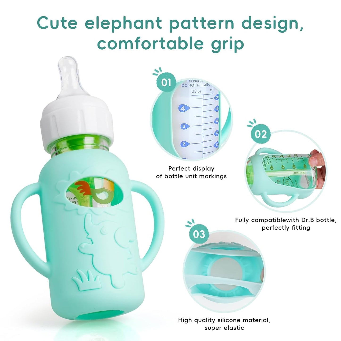 3-Pack Silicone Bottle Sleeve with Handles for Dr. Brown’s 4oz Narrow Glass Baby Bottles – BPA-Free, Heat-Resistant, Anti-Slip Grip, Easy to Clean, Multiple Colors (4oz,Green + Blue + Gray)