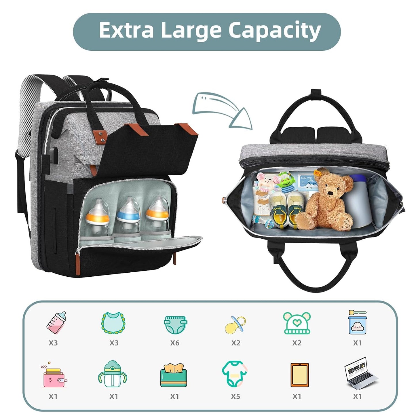 Diaper Bag Backpack with Changing Station, Large Diaper Bag, Baby Bag, Multifunctional Diaper Bag, GreyBlack
