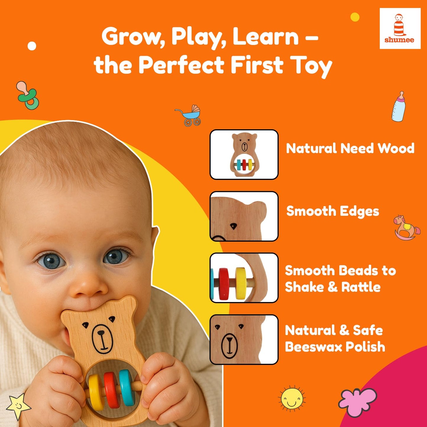 Shumee Wooden Baby Bear Rattle & Teether Wooden Montessori Toy For Babies (0-6 Months), Lightweight & Safe Enhances Grasping Wooden Rattle For Baby. Smooth Edges Sustainable Certified 100% Child Safe.