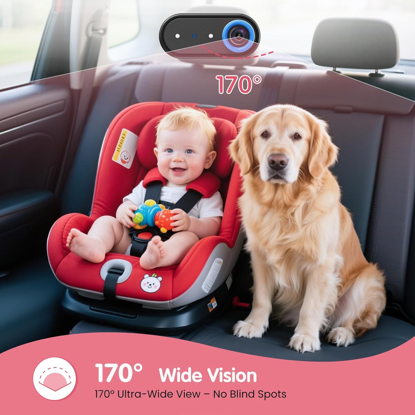 BM2A Baby Car Camera, 3X Zoom & 5.2" 1080P Display for Rear-Facing Car Seats, IR Night Vision, Easy No-Damage Instal – Ideal Car Baby Camera for Parents and Pet Owners