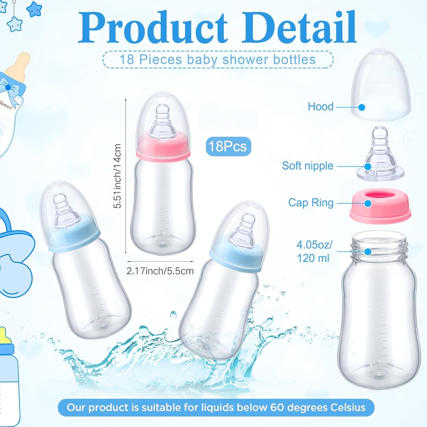 Roowest Bottle Chug Baby Shower Game Favors Including Kraft Theme Wooden Sign and 18 Pcs Baby Bottles for Gender Reveal Party Supplies