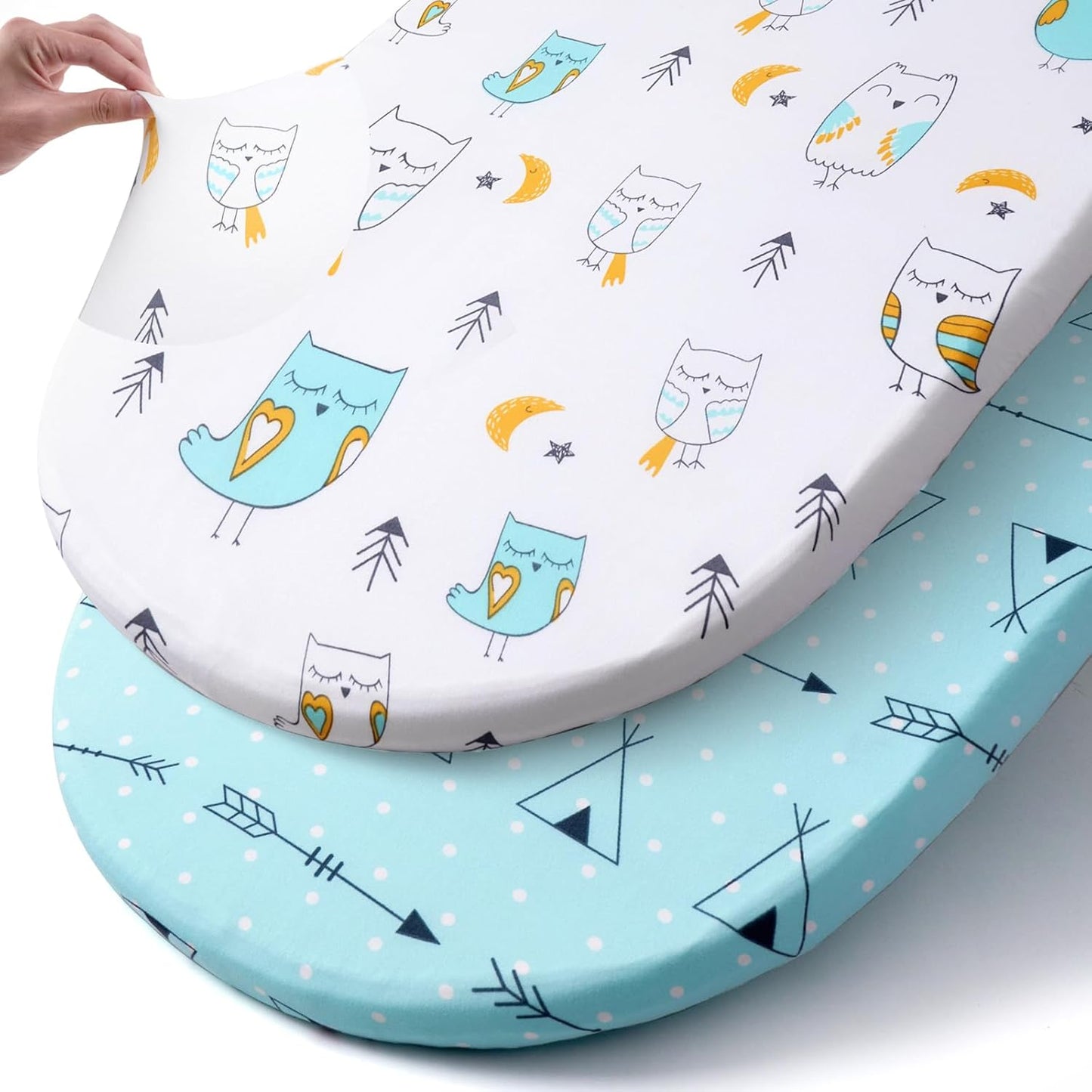 Stretchy Bassinet Sheet Set BROLEX 2 Pack Snug Fitted Cradle Fitted Sheets for Bassinet Pads/Mattress, for Boys Girls,Unisex,Ultra Soft Breathable,Arrow Owl