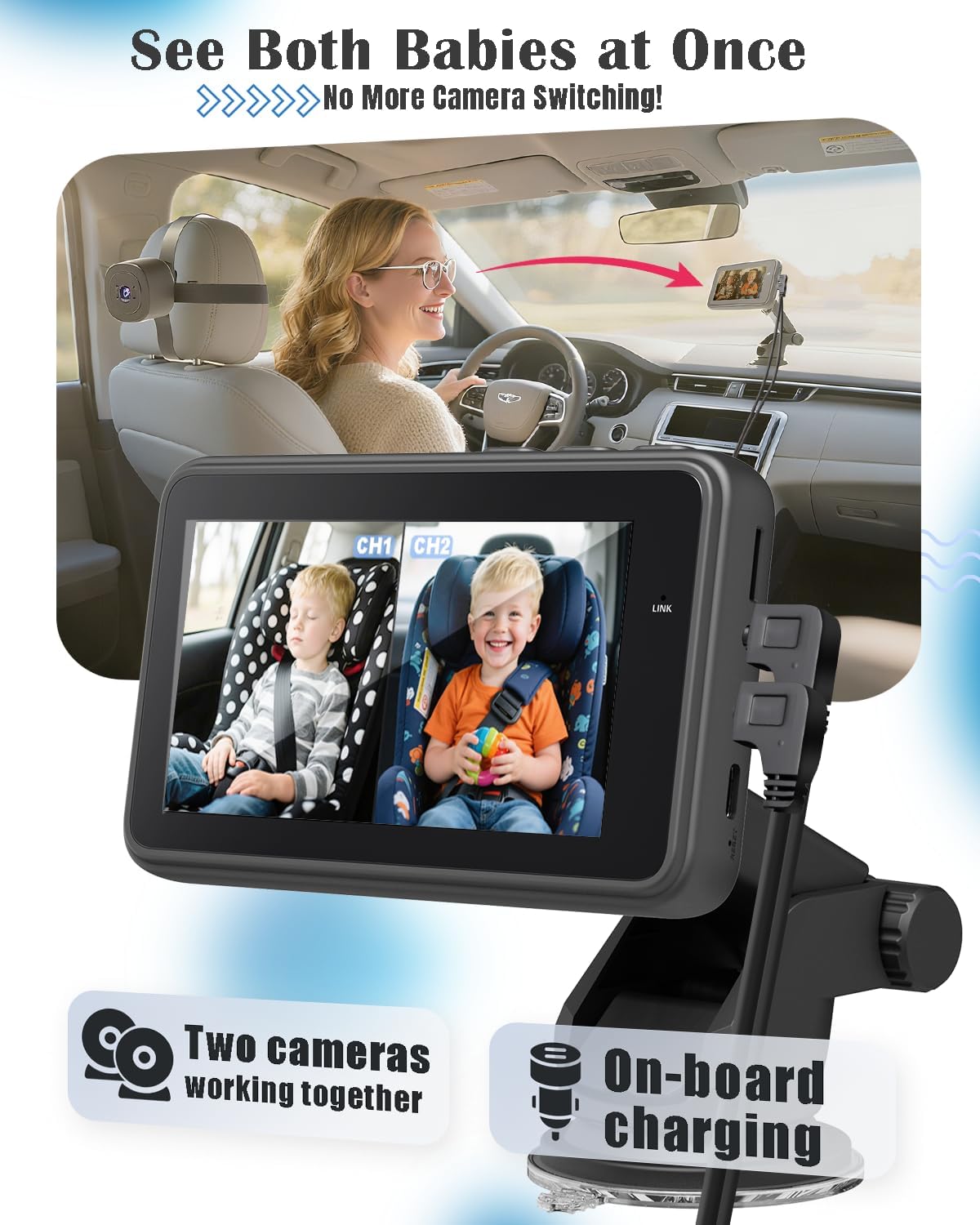 Baby Car Camera for 2 Kids - 4.3" Dual Channel Car Baby Monitor with Split Screen,Night Vision, Wide View, Easy Install Rear Facing Backseat Camera for Baby