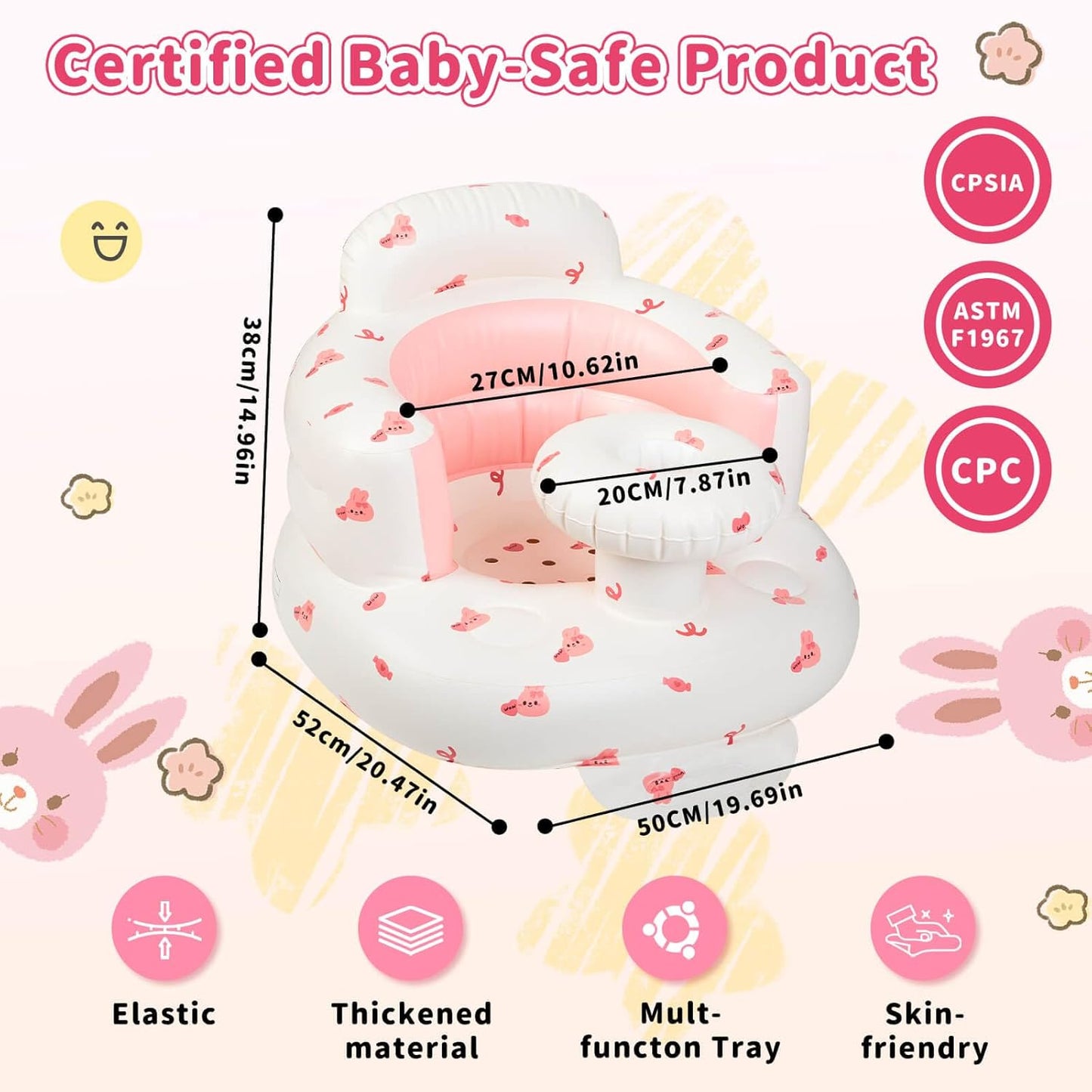 Inflatable Baby Seat for Infans for Sitting Up,Baby Chair Sit Me Up with Tray and Back Support,Learning to Sit for 4-36 Months,Includes Built-in Air Pump(Pink Bunny)