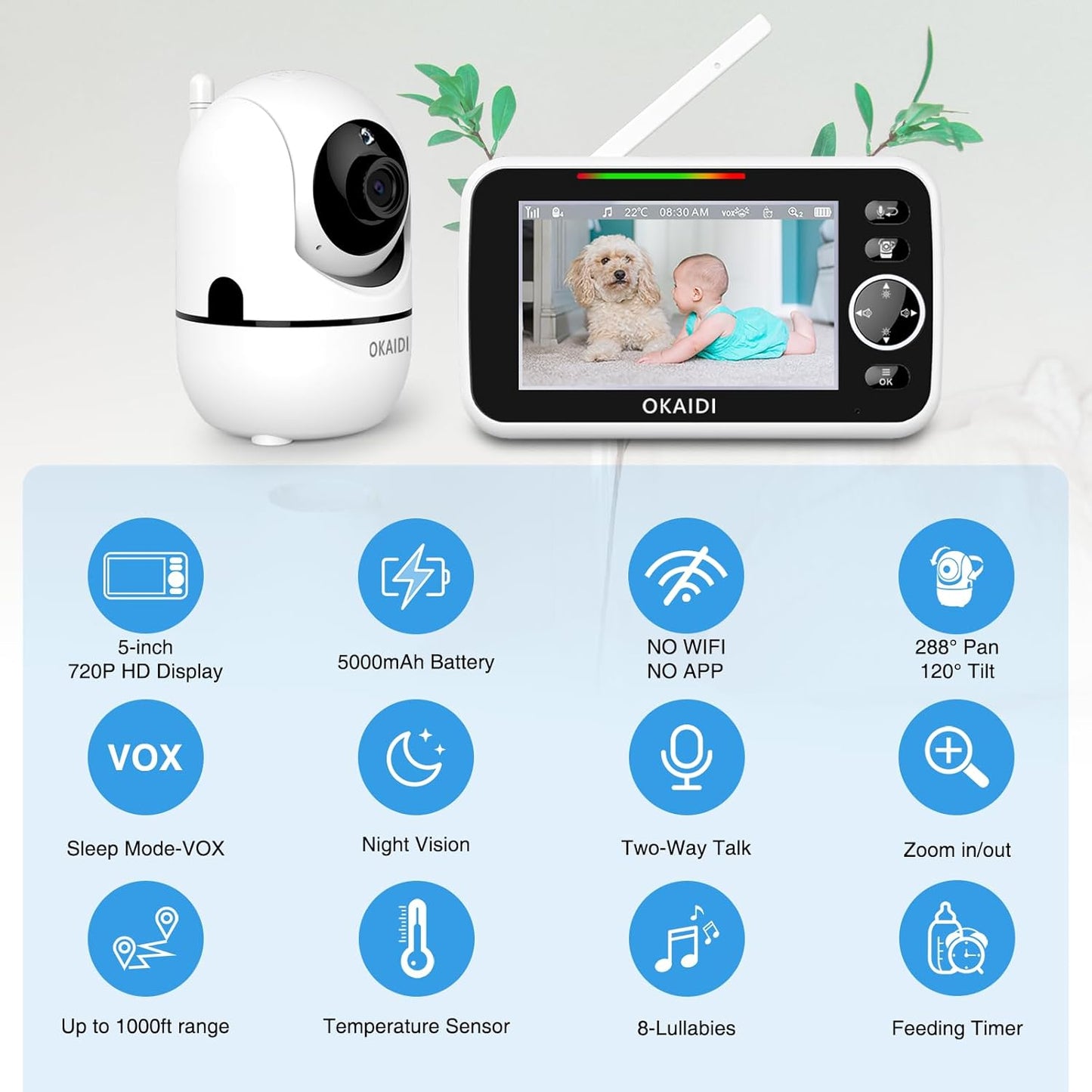 OKAIDI 5" HD Baby Monitor with Camera and Audio, 720P Display, 5000mAh Battery, Remote Pan-Tilt, 3X Zoom, Night Vision, 2-Way Talk, Temperature,Lullabies,1000ft Range Baby Monitor No WiFi