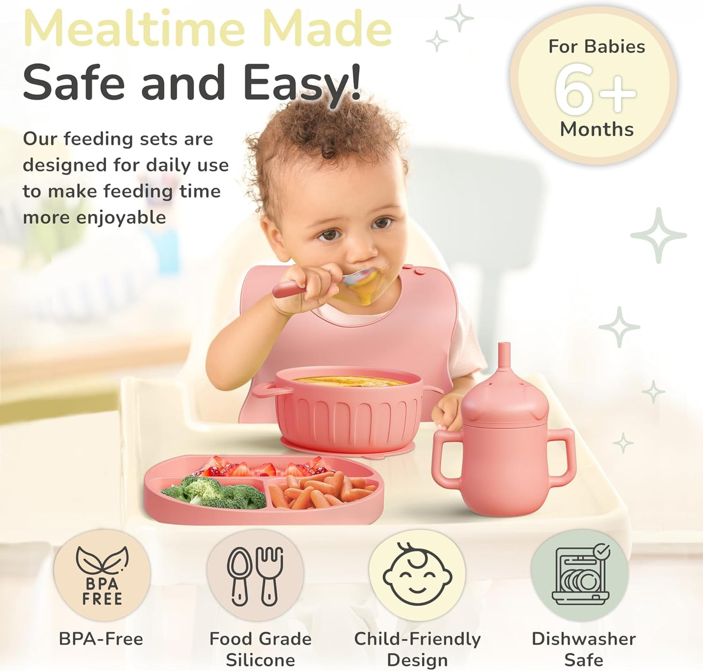 mimi & kiki BPA-Free Silicone Baby Feeding Set, Baby Plates and Bowls Set, Baby Led Weaning Supplies, Silicone Suction Plate, Baby Utensils, Bib and Cup, Self Feeding, Dishwasher Safe (Pink)