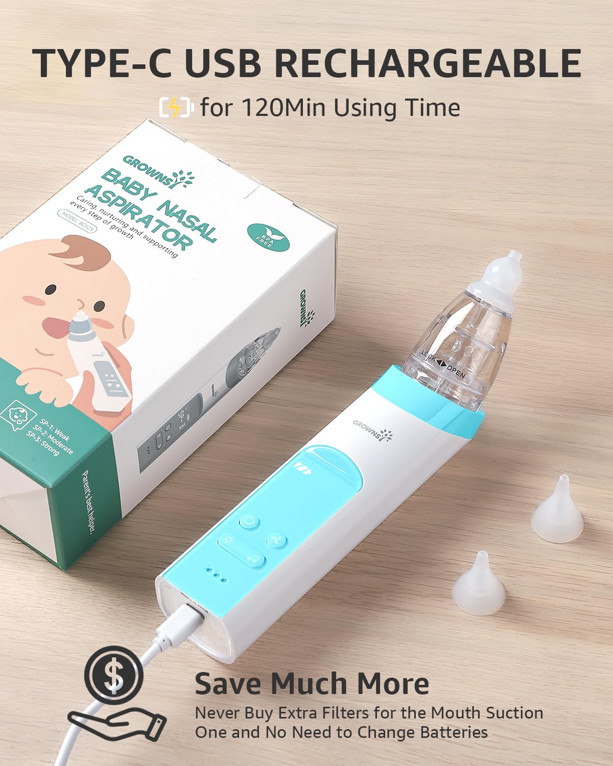 GROWNSY Nasal Aspirator for Baby with Protection Mode, Electric Nose Suction for Baby, Automatic Baby Nose Sucker with 3 Silicone Tips, Adjustable Suction Level, Music and Light Soothing Function