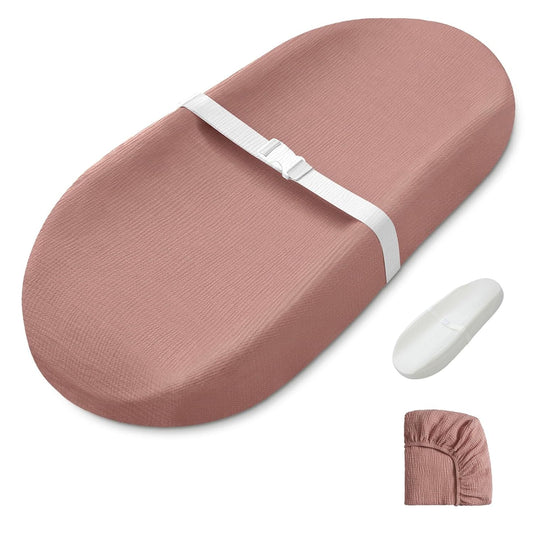 Blissful Diary Muslin Baby Changing Pad with Waterproof Lining Foam, Diaper Changing Table Pad with Cover for Dressers (Dusty Pink, Avocado)