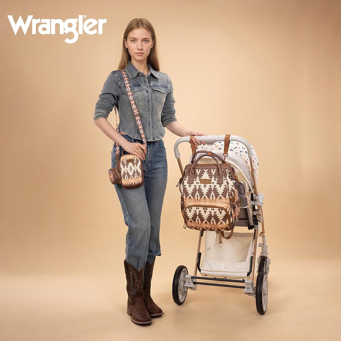 Montana West Wrangler Callie Diaper Bag Backpack with Pacifier Case, Crossbody Bottle Bag and Stroller Straps Western Pattern Multifunction Baby Travel Bag Set WG2215-9110BR