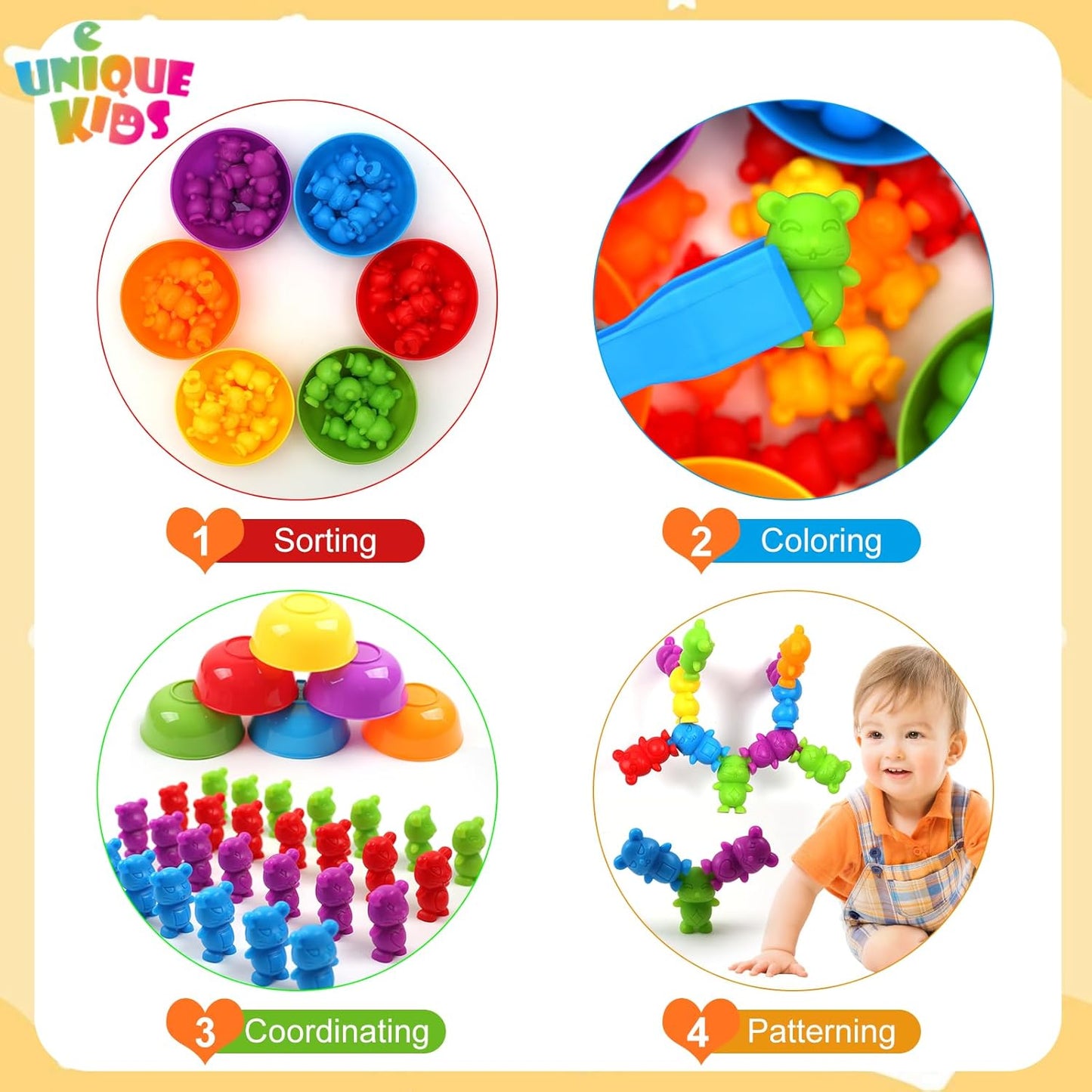UNIQUE KIDS Stacking Mouse Counting and Matching Game with Sorting Cups – Educational Montessori Toy for Color Classification, Sensory Development, and Learning for Toddlers and Preschoolers Age 3+