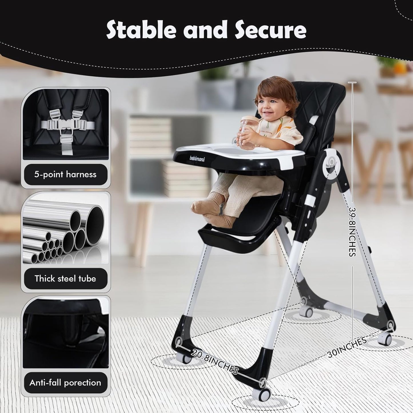 4 in 1 Baby High Chair, High Chairs for Babies and Toddlers, Foldable Highchair with 4 Wheels, 4 Levels of Recline and 7 Levels of Height Adjustment (Black)