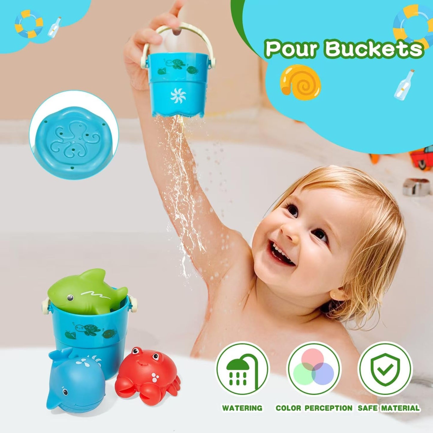 Baby Bath Toys for Kids Ages 1-3, 16PCS Mold Free Bath Toys for Toddlers 2-4 Bathtub Water Table Pool Sand Play Toys, Christmas Stocking Stuffers for Babies & Toddlers