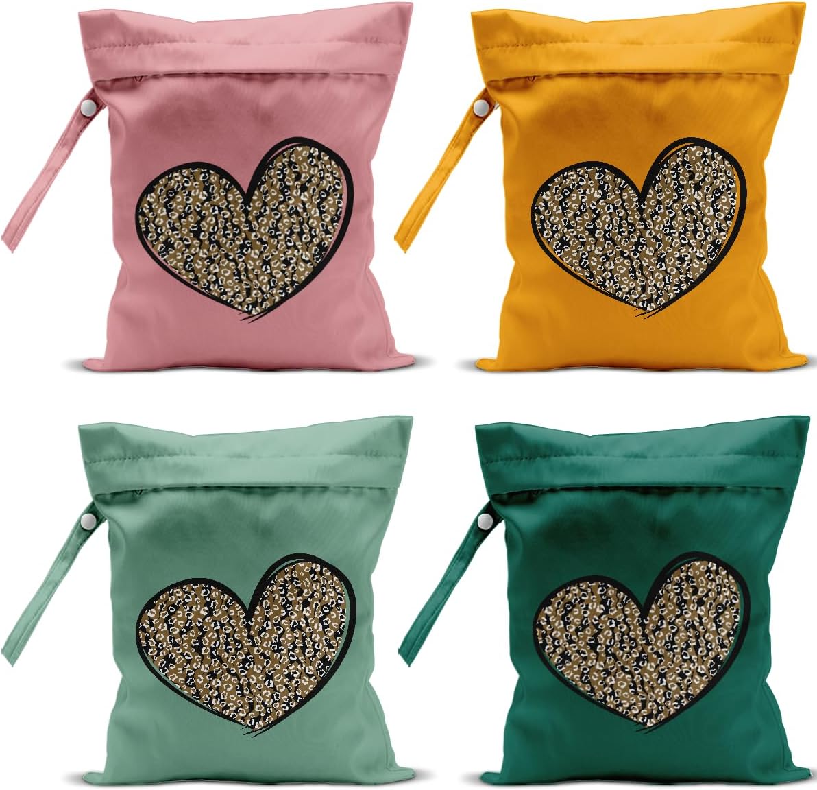 4 Pack Leopard Heart Cute Leopard Wet Bag Waterproof Reusable Wet Dry Bag for Swimsuit Clothes Cloth Diaper Travel Pool Yoga Toiletries Travel Cruises Valentine Day Christmas Camping Beach Essentials