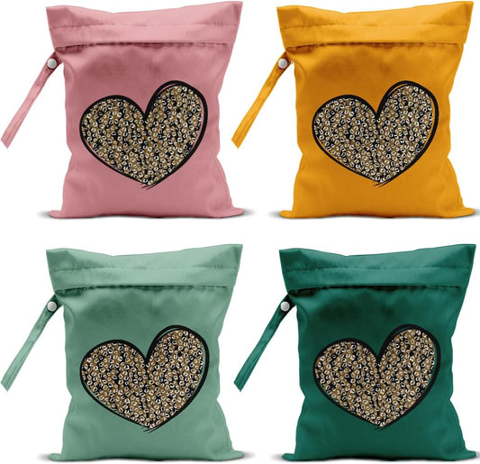 4 Pack Leopard Heart Cute Leopard Wet Bag Waterproof Reusable Wet Dry Bag for Swimsuit Clothes Cloth Diaper Travel Pool Yoga Toiletries Travel Cruises Valentine Day Christmas Camping Beach Essentials
