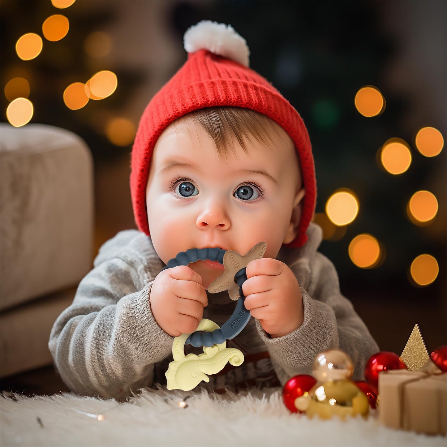 Silicone Teething Ring Toy, Baby Teether Toys with Rattles, BPA Free Sensory Chew Toys for Babies 3-6-12 Months to Soothe Sore Gums, Great Shower, Christmas Gift(Dark Grey 2)