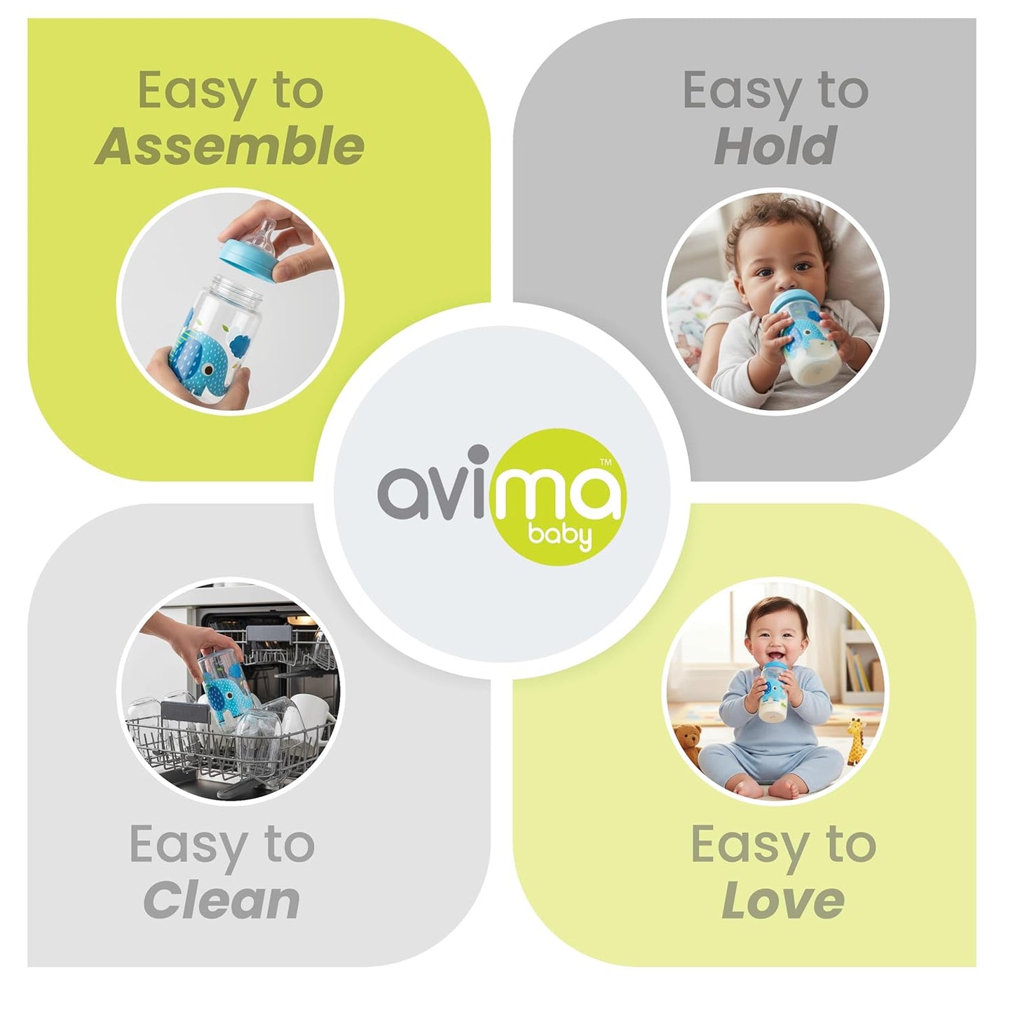 Avima Baby 9 oz Anti Colic Baby Bottles for Breastfed Babies - Medium Flow Nipples, Wide Neck Bottle, BPA Free - 3-6 Months, Stage 2 (Set of 3) Blue Baby Bottle - Elephants