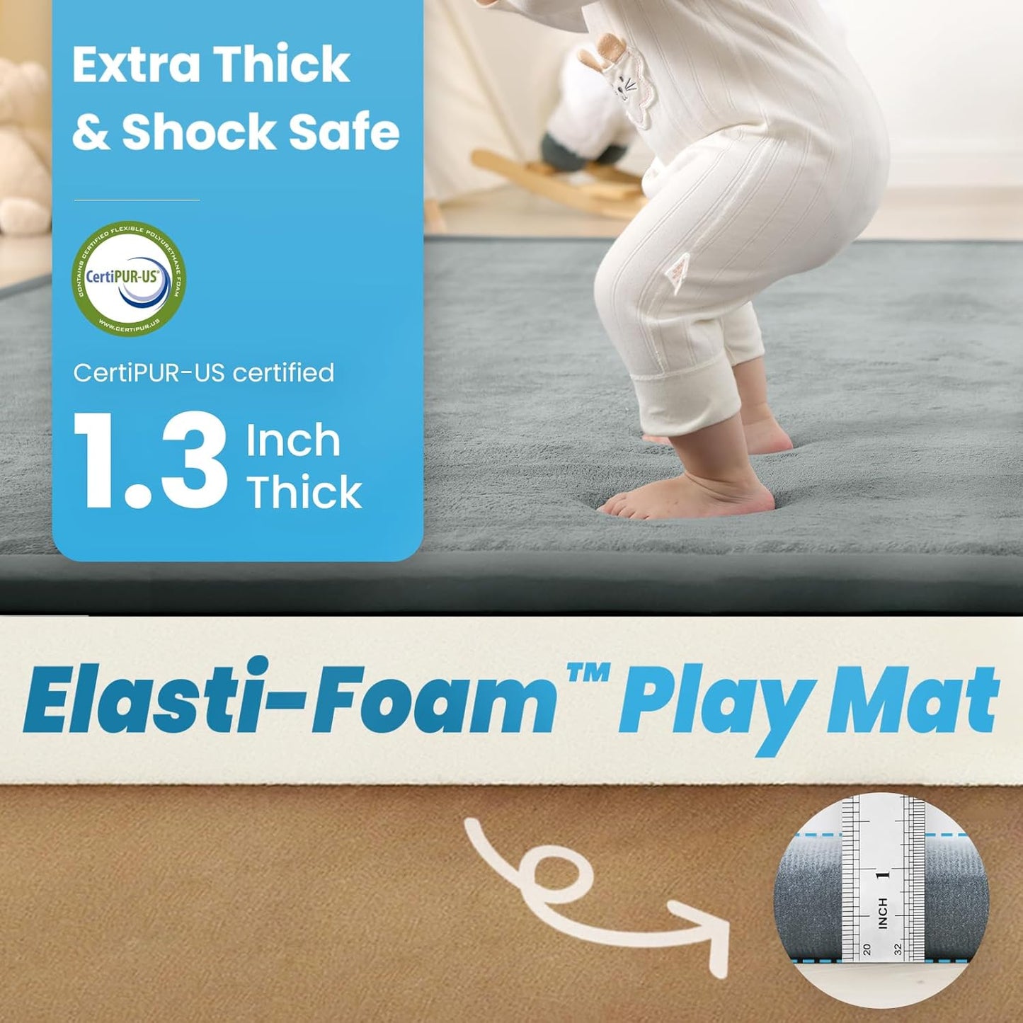 1.3" Thick Baby Play Mat for Floor Playpen, 50x50 Foam Tummy Time Mat, Padded Support Soft Plush Nursery Rug for Infant Kids Toddler Crawling Kick Activity (Light Grey)