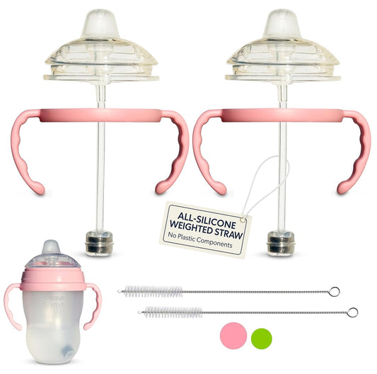 Sippy Cup Conversion Kit for Comotomo Baby Bottles 2-Count, Soft Food Grade Silicone Spout Nipples, All Silicone Weighted Straw, Bottle Handles, Cleaning Brush, BPA-Free, 4+ months (Sippy Spout, Pink)