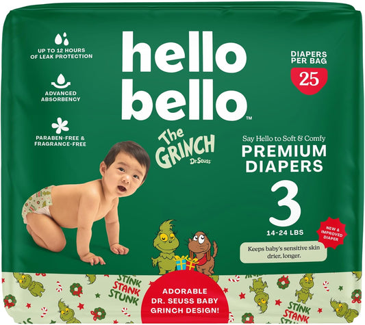Hello Bello Diapers, Size 3 (14-24 lbs) Dr. Seuss Baby Grinch - 25 Count of Premium Disposable Baby Diapers, Hypoallergenic with Soft, Cloth-Like Feel