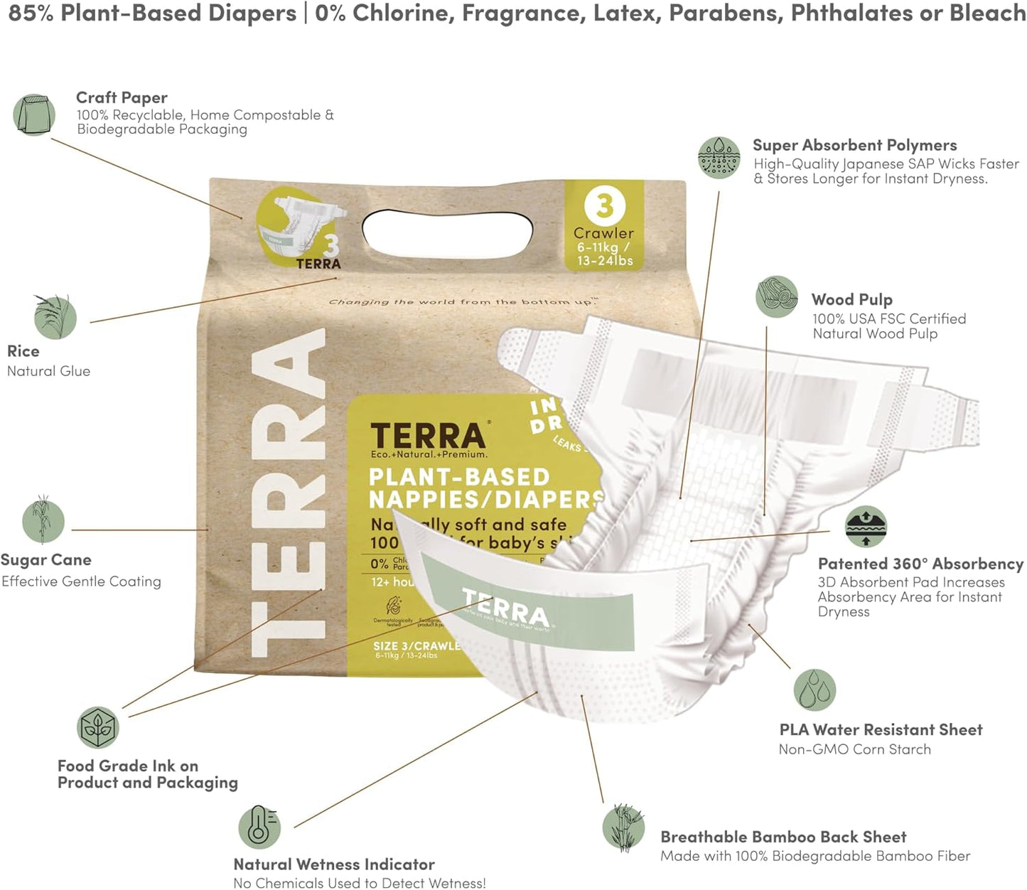 Terra Size 3 Diapers: 85% Plant-Based, Ultra-Soft & Chemical-Free for Sensitive Skin, High Absorbency for 13-24 lb Babies, 20 Count