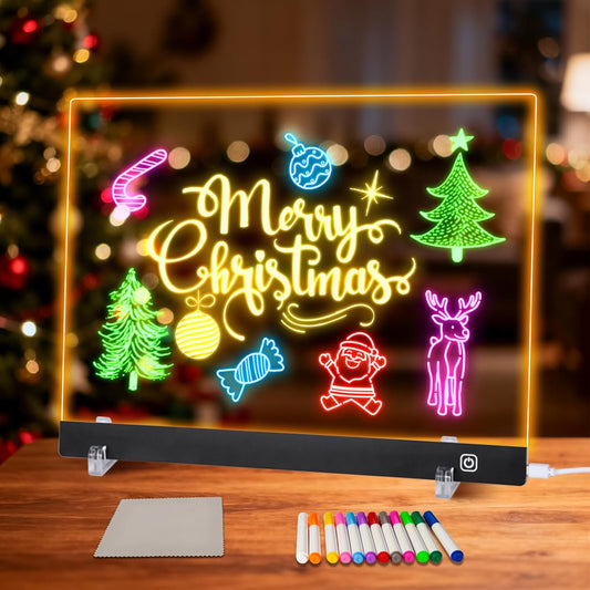 LED Note Board with Colors, Led Drawing Board for Kids, Light Up Acrylic Dry Erase Boards with Stand, Christmas & Birthday Gifts for Girls/Teens (Black, 13.8" x 9.8")
