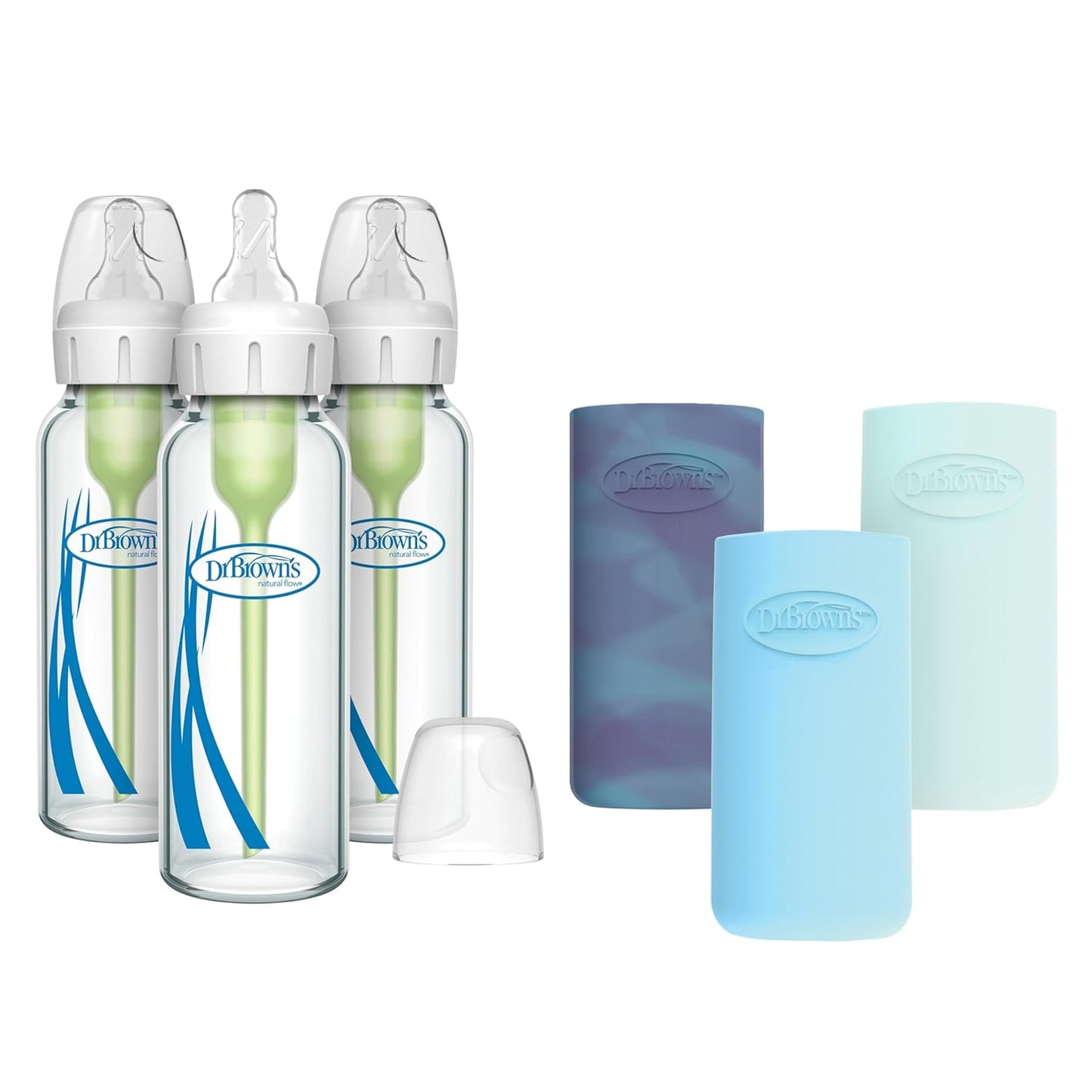 Dr. Brown's Anti-Colic Options+ Narrow Glass Baby Bottles with Silicone Sleeves, Blue, Glow, Mint, BPA-Free, 8 oz/250 mL, 0m+, 3-Pack