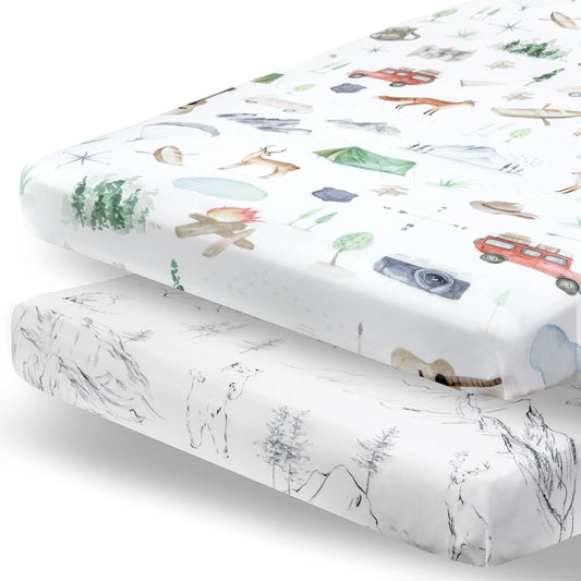 Pobibaby - 2 Pack Premium Pack N Play Sheets Fitted for Standard Pack and Plays and Mini Cribs - Ultra-Soft Cotton Blend, Stylish Woodland Pattern, Safe and Snug for Baby (Explore)