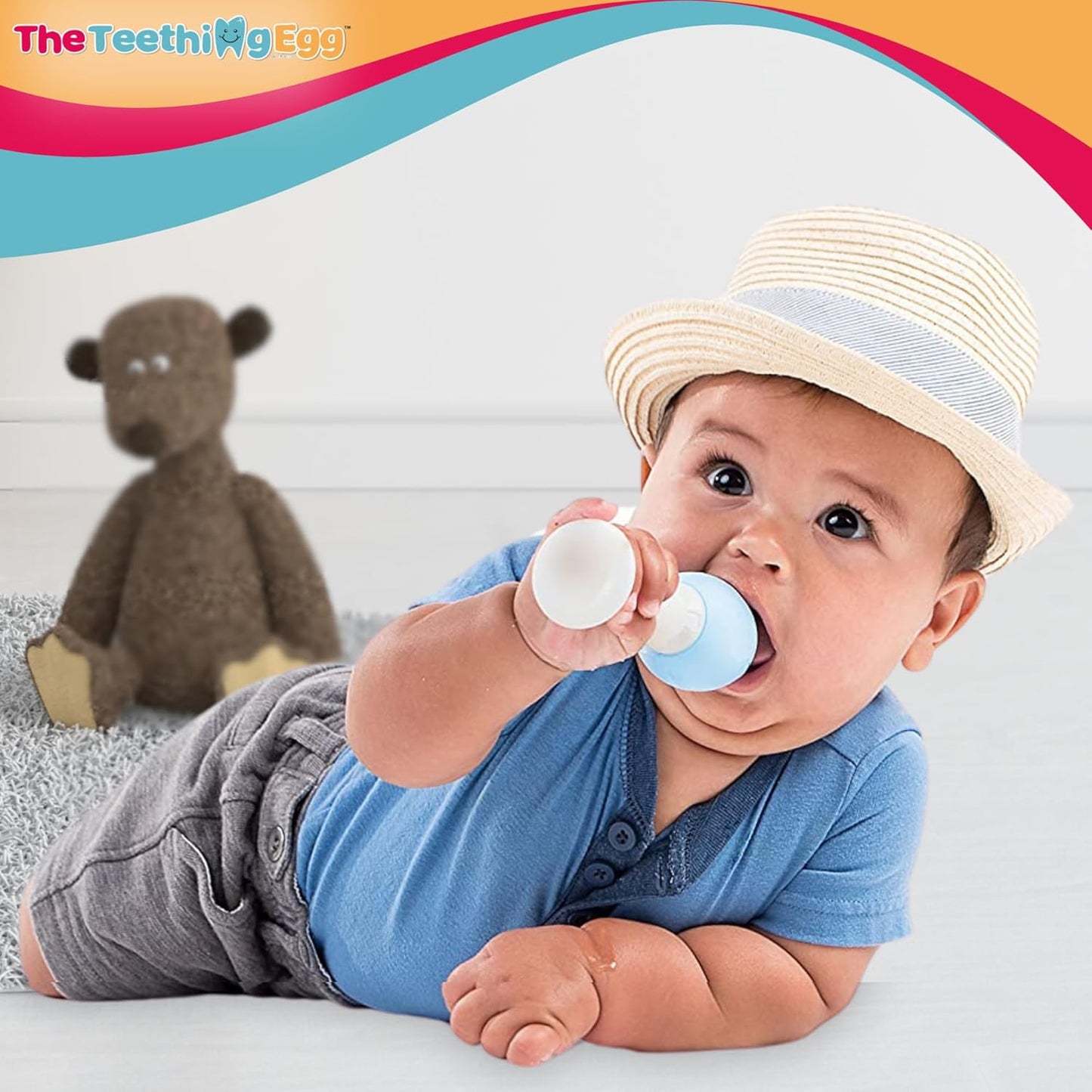 The Teething Egg and Grippie Stick - Baby Development Teething Toys 3, 4, 6, 12 Up to 18 Months Old Boy or Girl, Sensory Toys, A Baby Registry Must Have Teether, Blue