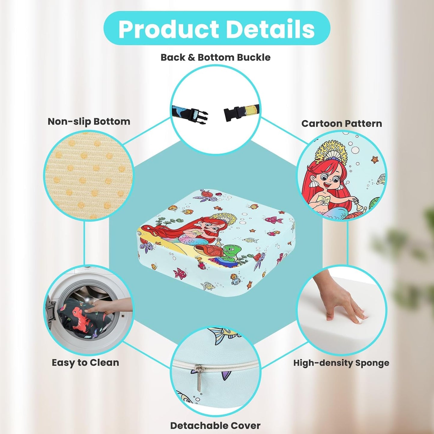 Toddler Booster Seat for Dining Table, Kids Booster Seat for Kitchen Chair with Non-Slip Bottom, Portable Detachable Washable Increasing Cushion with 2 Adjustable Straps (Mermaid)