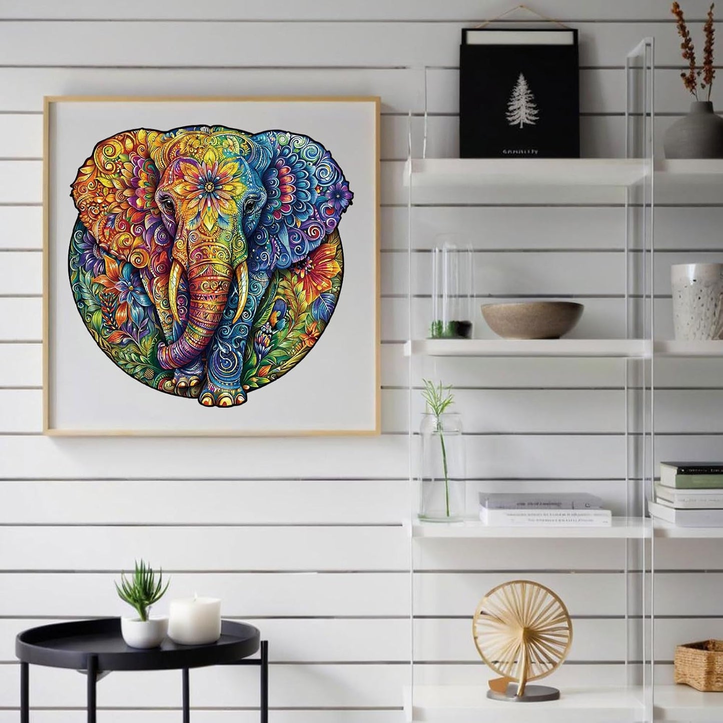 Wooden Jigsaw Puzzle for Adults - Mandala Elephant Unique Animal Shaped, 11.1x11in, 200 Pieces, Zen Art, Challenging and Fun Gift