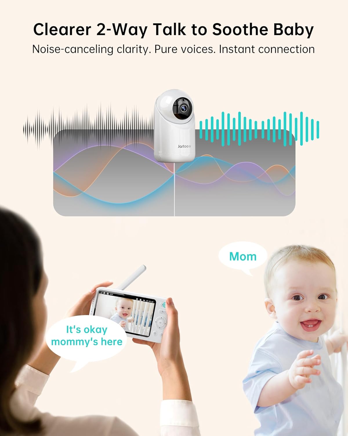 Jartoo 2K Video Baby Monitor with 2 Cameras and Audio, 1860ft Long Range Baby Monitor No WiFi, 5.5" Split Display, VOX - AI Cry Detect, ANR, IR Night Vision, 2-Way Audio, 6000mAh