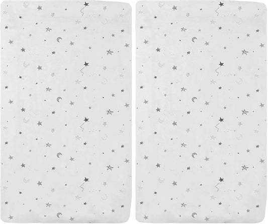 American Baby Company 100% Natural Cotton Fitted Cradle/Bassinet Sheet 36" x 18" - Soft, Breathable & Hypoallergenic Bed Sheet, Gray Stars and Moons, Neutral for Boys & Girls (Pack of 2)