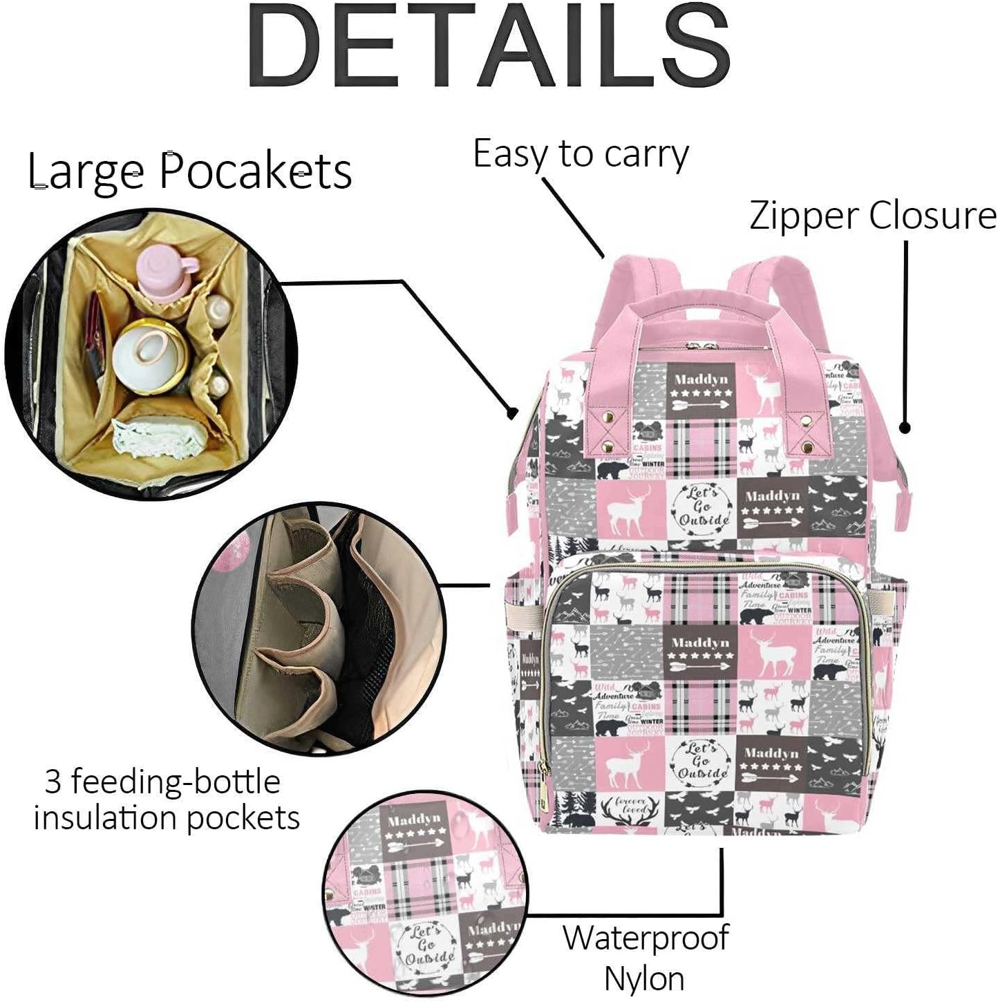 Woodland Pink Personalized Diaper Bag with Custom Name – Custom Baby Tote Backpack for Mom, Unique Gift for New Parents, Baby Shower Essentials