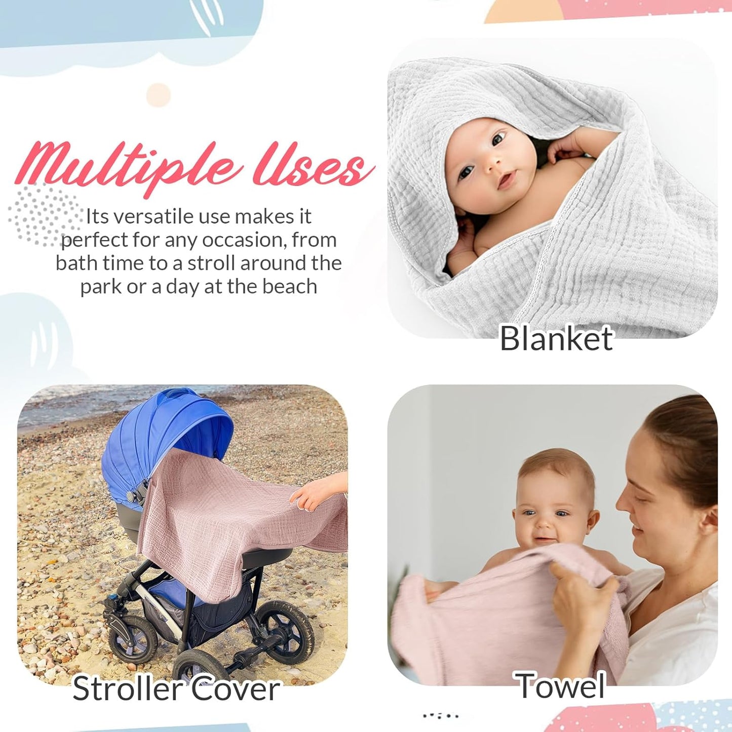 6 Pcs Muslin Hooded Bath Towels Washcloths and Bibs Set, Muslin Cotton Baby Towels Absorbent Hooded Blanket Towel Infant Bibs for Boys Girls Newborn Infant Essentials(Pink, Light Pink)