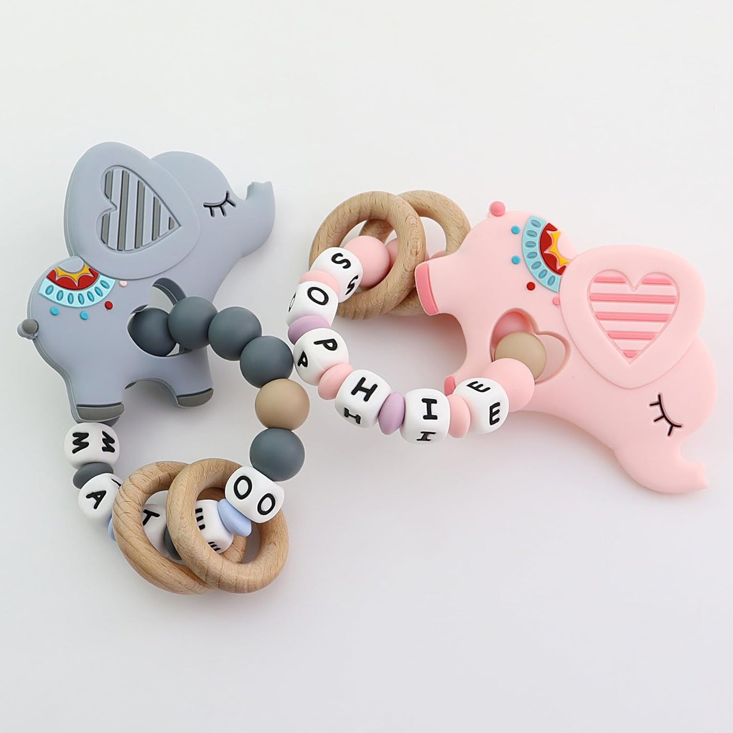 Personalized Baby Teether Rattle with Name – Custom Wooden Teething Toy for Boys & Girls – Handmade Elephant Keepsake Baby Shower Gift (Pink)