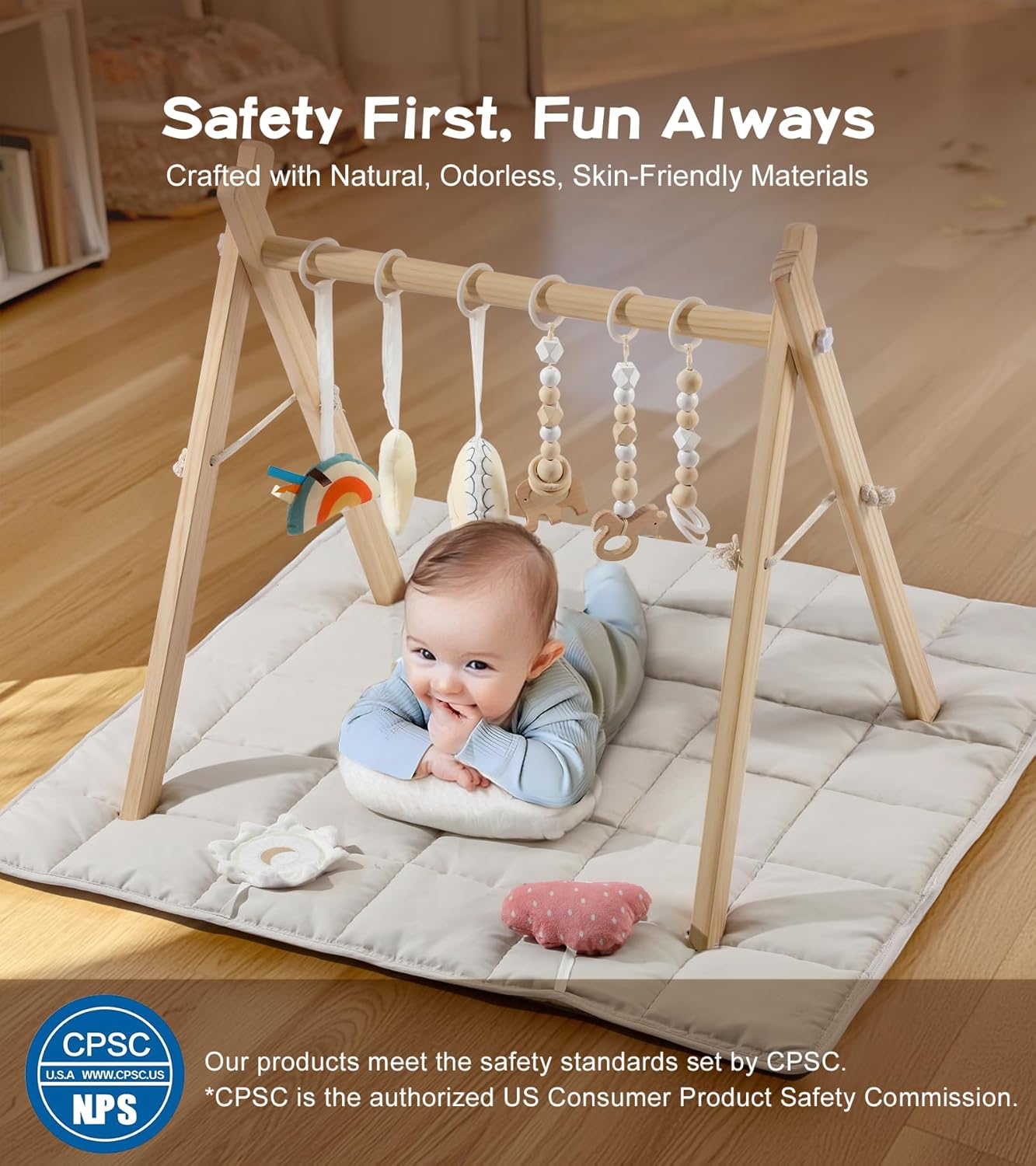 little dove Baby Gym with Mat, Wooden Play Gym with 9 Sensory Toys, Foldable Baby Play GymFrame Activity Center, Natural Pine Wood, Montessori Toys, Easy to Assemble & Clean, Natural Color