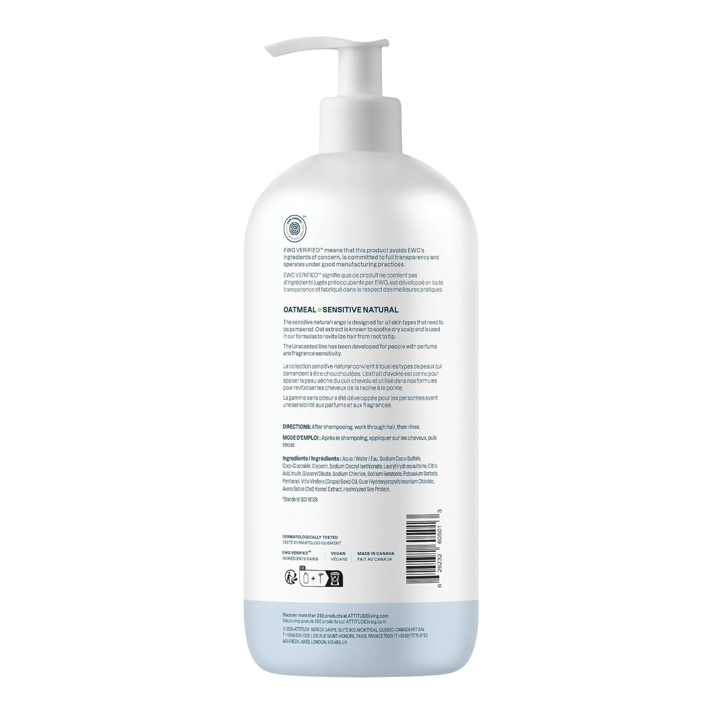 ATTITUDE Hair Shampoo for Sensitive Dry Scalp, EWG Verified, Soothing Oat, For Thin Hair, Naturally Derived Ingredients, Vegan and Plant-Based, Volume and Shine, Unscented, 32 Fl Oz