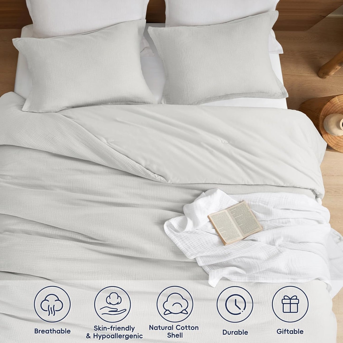 PHF Cotton Muslin Comforter Set Queen Size – Ultra Soft, Breathable & Lightweight Bedding Set for All Seasons, 3 Pieces - 1 Comfy Comforter 90"x90", 2 Pillow Shams 20"x26", Light Grey