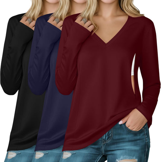 Huukeay 3 Pack Women's Long Sleeve Nursing Tops, Breastfeeding Hidden Zippers Shirts V Neck Maternity Pregnancy Tees Clothes