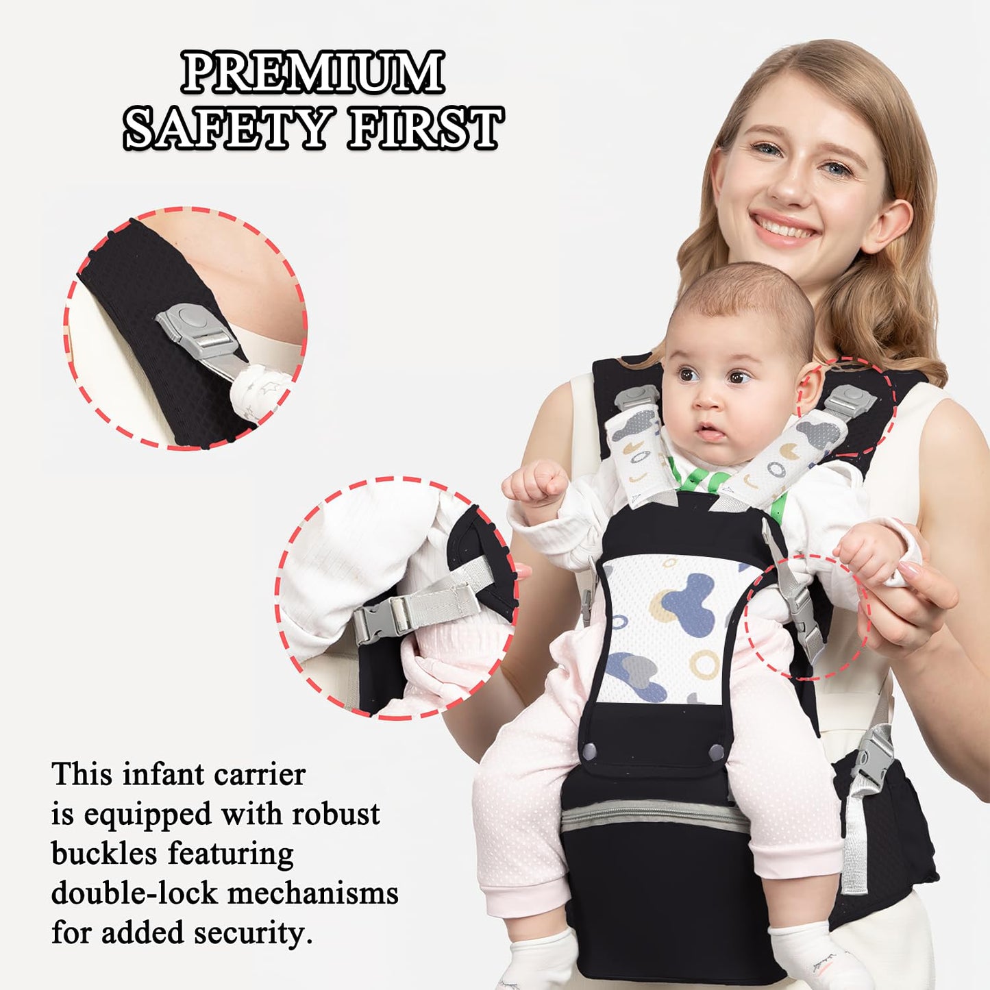 Baby Carrier with Hip Seat for Newborn to Toddler, 6-in-1 Ergonomic Infant Carrier for 0-36 Month Baby, All Positions Soft Breathable Mesh Wrap Carrier with Waist Stool, Baby Holder-Grey Print