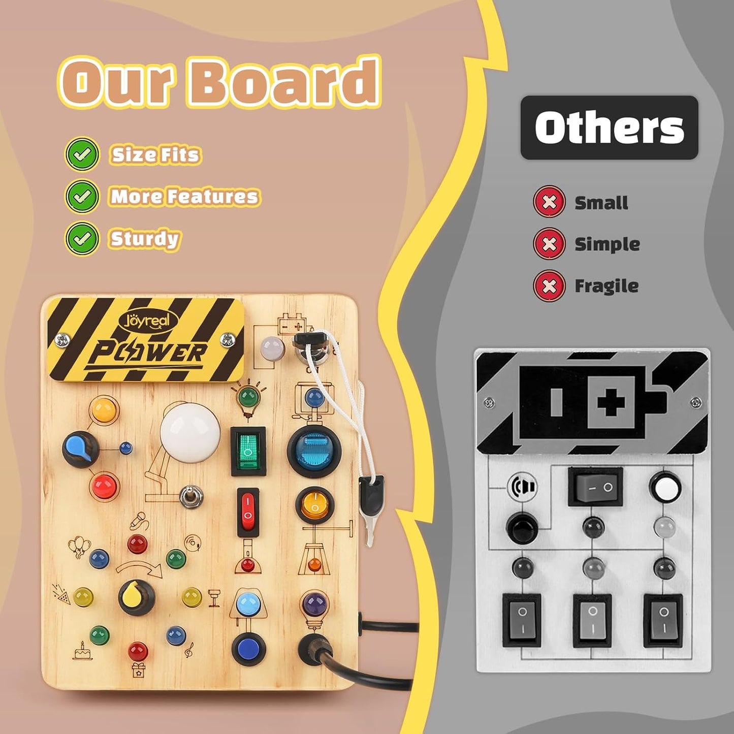 Joyreal Montessori Busy Board Wooden Sensory Toys for Toddler with LED Light Up Switch, Baby Fidget Board Travel Toys for 18+ Months, Boys Girls Birthday, Medium