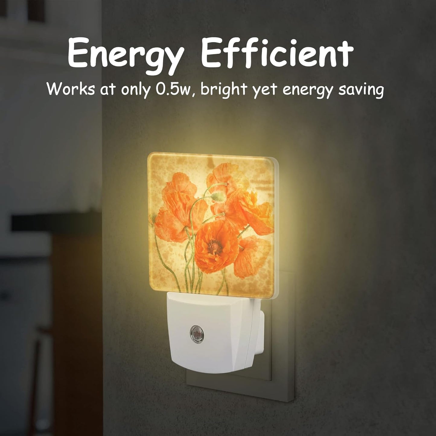 Vintage Orange Flowers Night Light Plug Wall,Poppy Bouquet Oil Painting LED Night Lights with Dusk to Dawn Light Sensor for Women Girls Boys Room Decor,Hallway,Kitchen,Bathroom,Nursery,Stairs