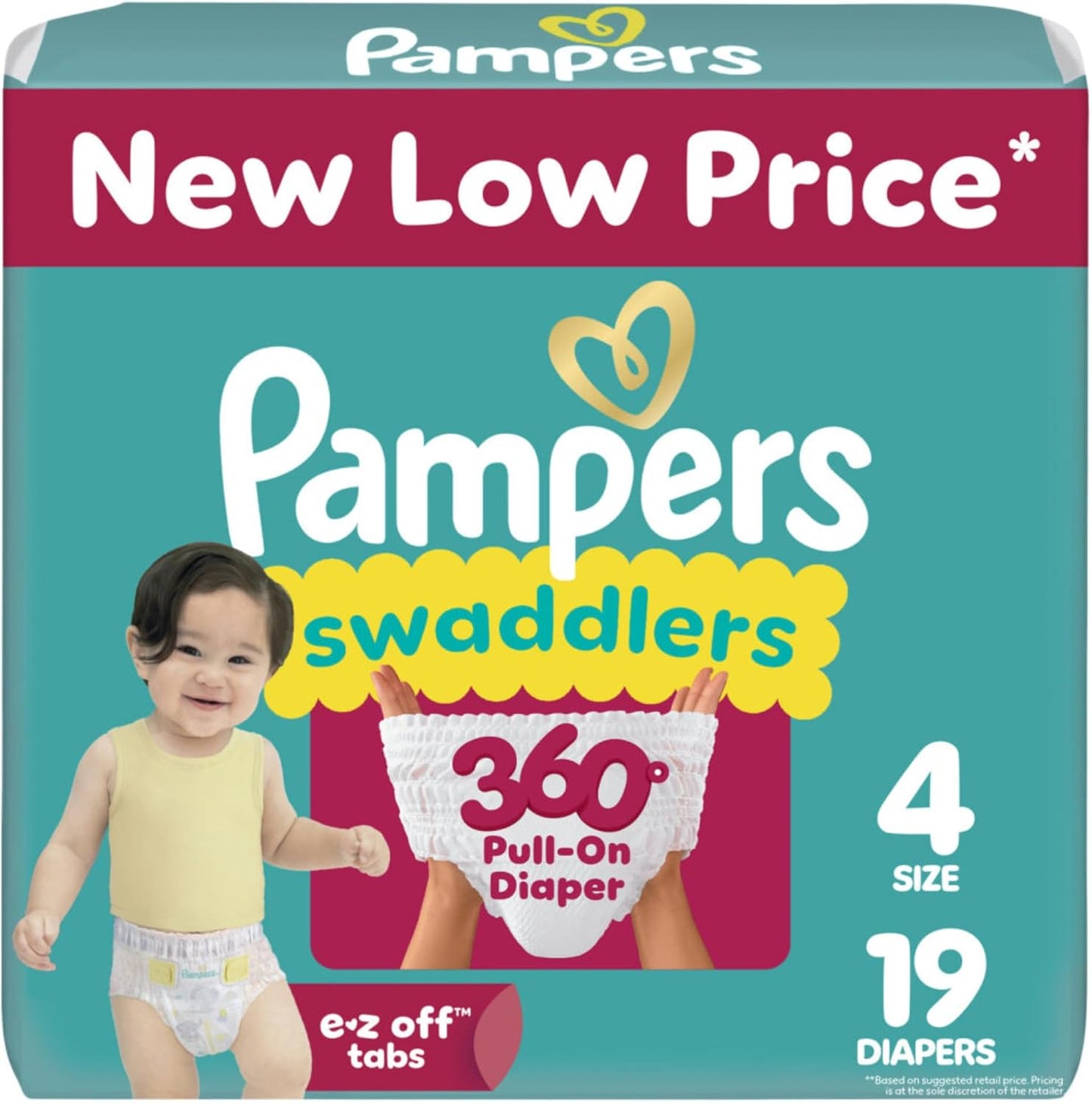 Pampers Diapers - Swaddlers 360° - Size 4, 19 Count, up to 100% Leakproof Comfy Dry Fit, Designed for Easy Changes, Pull On Baby Diaper