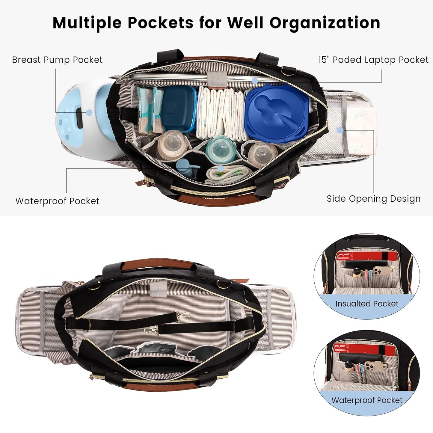 LOVEVOOK Breast Pump Bag & Diaper Tote - 3Pc Set for Breastfeeding Moms - Laptop Pocket, Cooler & Changing Pad - Fits Most Pumps