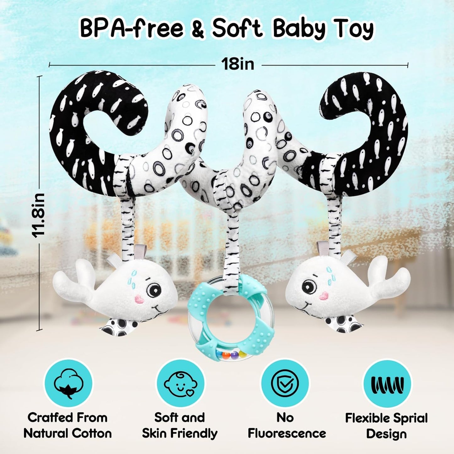 Baby Spiral Hanging Stroller and Car Seat Toys Black and White High Contrast Sensory Toy Newborn Plush Activity Toys Party Favors Quality Gifts for Baby Shower-Whale
